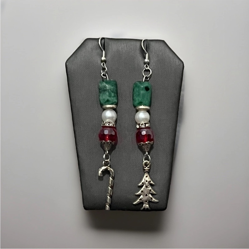 Handmade Christmas Earrings: Festive Green Red Beads, Tree & Candy Cane Charms.
